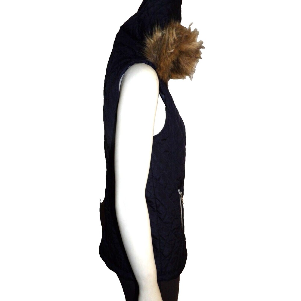 Black Rivet Navy Blue GIII Puffer Quilted Vest Faux Fur Trimmed Hood Sm Pockets - Picture 6 of 16